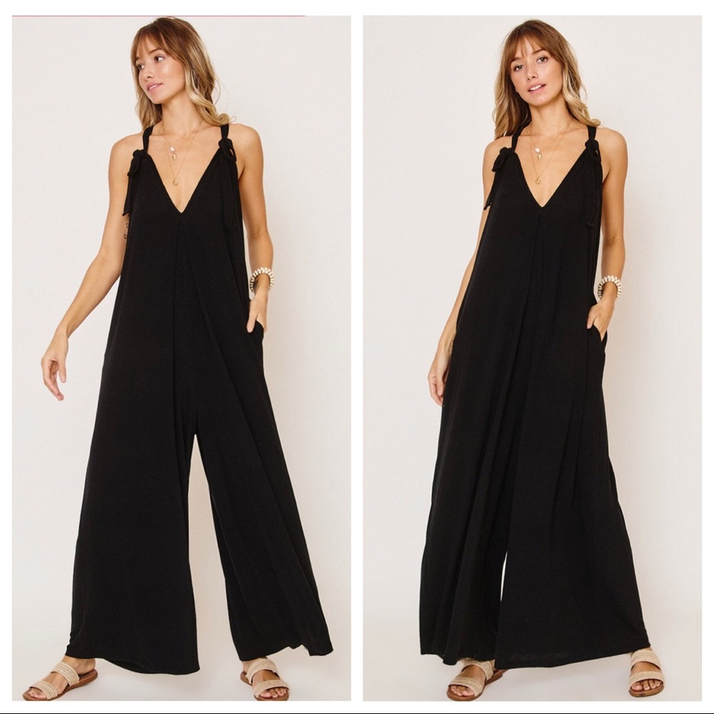 Boho Fabulous Tie shoulder Black Maxi wide leg jumpsuit - Picture 5 of 5
